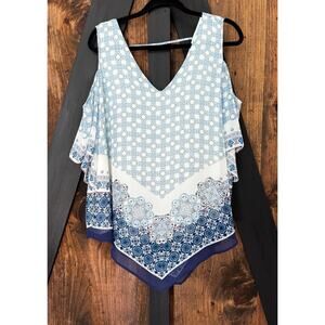 Light Blue Patterned V-Neck Cold-Shoulder Top
